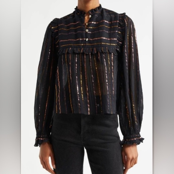 NWT Farm Rio Metallic Stripe Ruffle Shirt in Black XS
⭐️holes - Picture 1 of 9